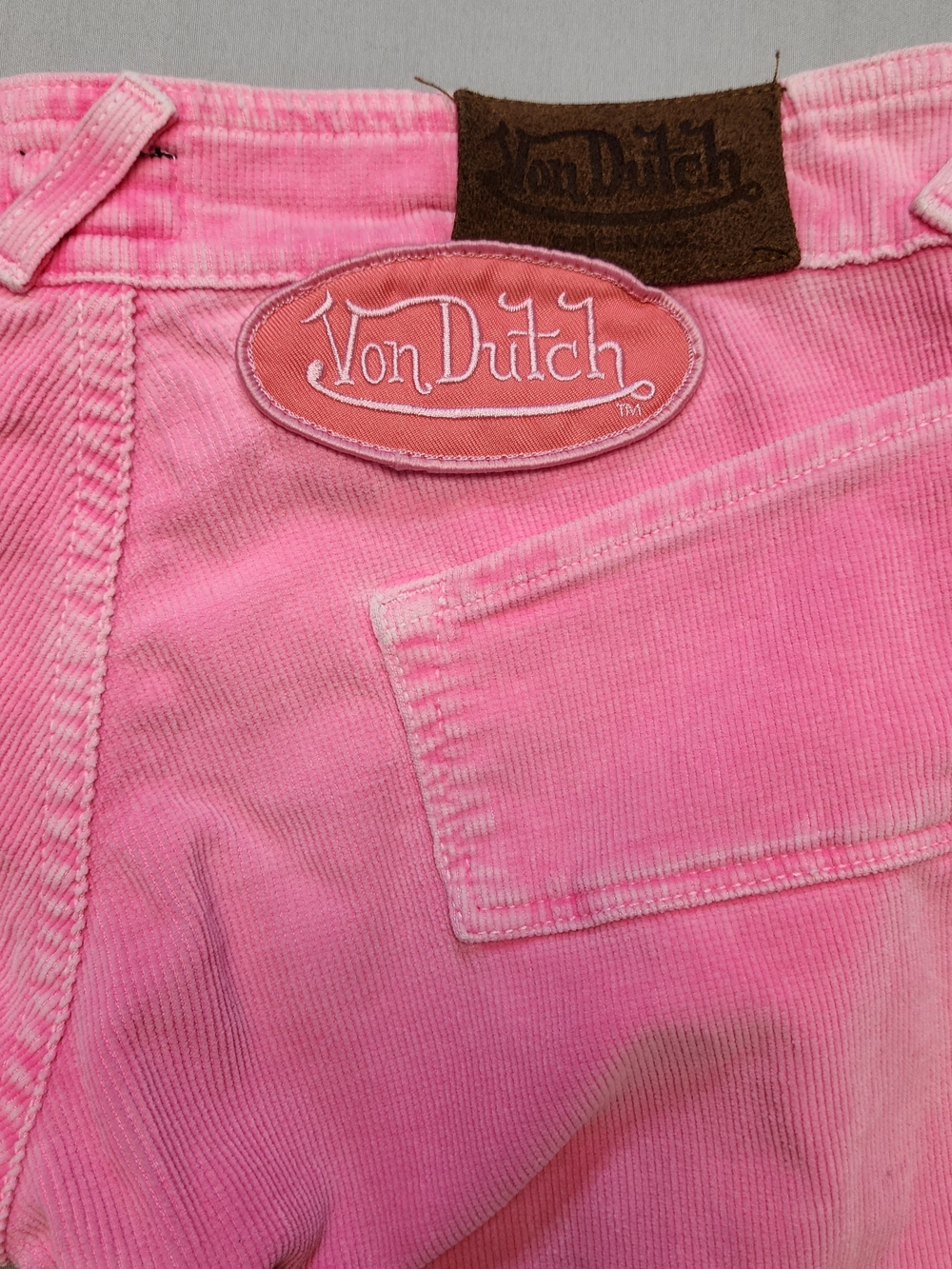 Vtg Y2K Von Dutch Women 27 Spell Out Wide Leg Flared Stretch Jeans Pink Corduroy - Picture 8 of 12